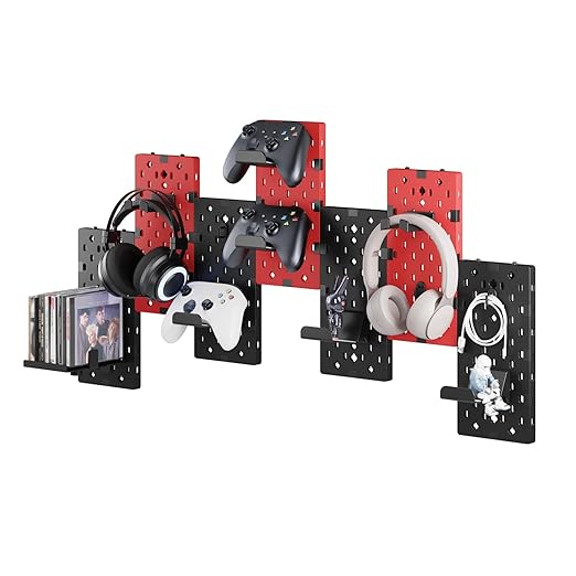 PEGZONE Controller and Headphone Holder Wall Mount, 7pcs, Black & Red | Modular Gaming Pegboard with Accessories, Controller Stand, Disc Shelf Organizer by Pegzone