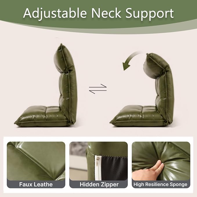 Floor Chair with Back Support, 42-Position Adjustable Gaming Chair for Adults, Faux Leather Floor Lounger, Reading Chairs with Neck Support, Foldable Floor Seat for Sleeping (Green Black) - Image 5