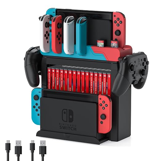 Switch Game Storage with Controller Charger for Nintendo Switch & OLED Model, Switch Charging Dock Charges 6 Joycons, Switch Gaming Accessories Holder Desk, Switch Game Gift Card Organizer (Red＆Blue) by MLIFEMFUL