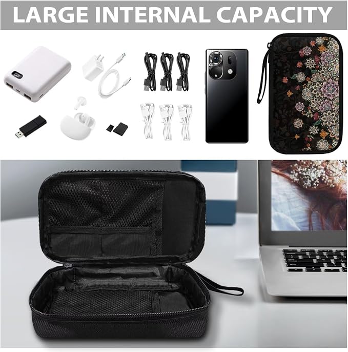 Boho Flower Print Electronic Organizer Travel Universal Accessories Storage Bag Portable for Hard Drives, Cables, Memory Sticks, Charger, Phone, USB, SD Cards - Image 7