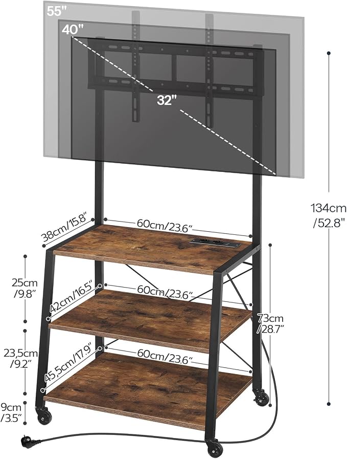 HOOBRO Rolling TV Stand with Mount and Power Outlet Up to 55 inch TV, Corner Entertainment Center, Small TV Stand with 3-Tier Storage Shelves for Living Room, Bedroom, Rustic Brown and Black BF66UDS01 - Image 2