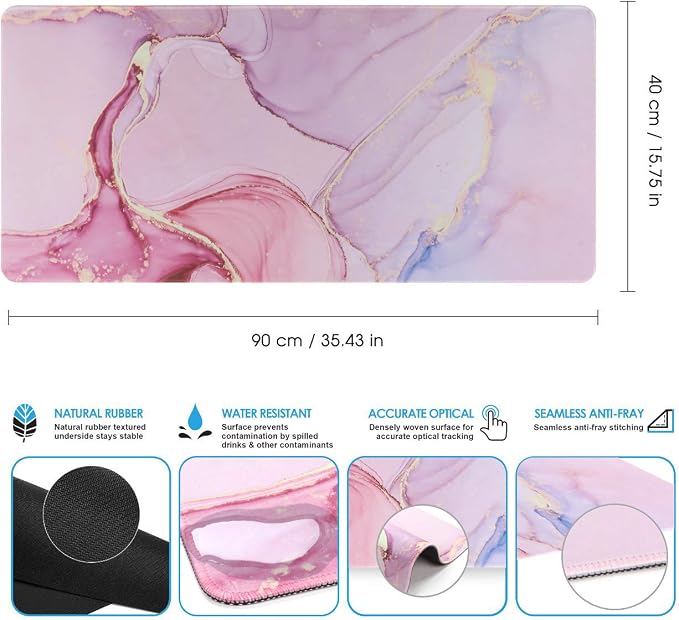 iCasso Extended Gaming Mouse Pad 35.4x15.7in Desk Pad,Glitter Marble | Non-Slip Rubber Base Mousepad with Stitched Edges, Waterproof Keyboard Mouse Mat Desk Pad for Work Office Game Home, - Image 4