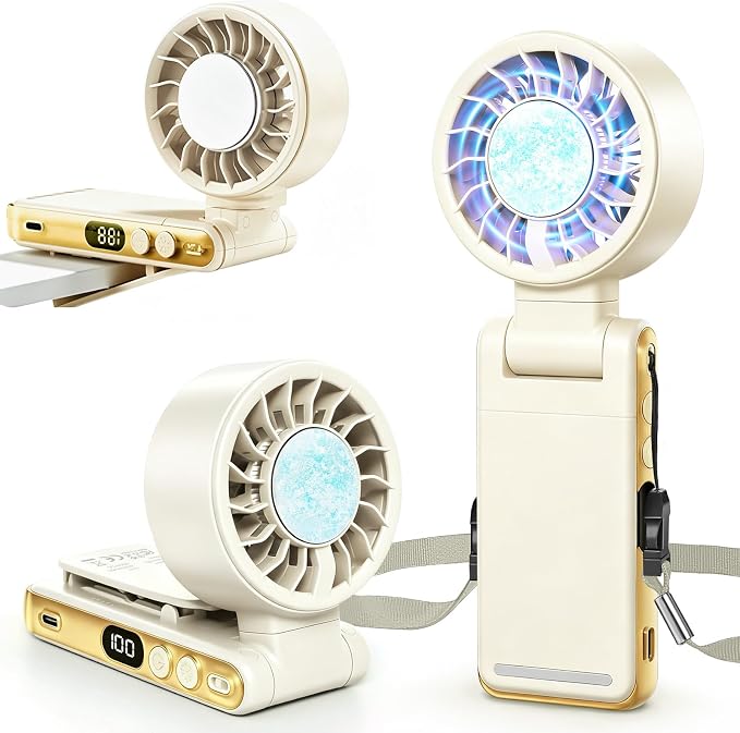 Handheld Portable Turbo Fan with Ice Cooling,5 Speed Rechargeable LED Display Foldable Hand Held Personal Clip/Neck/Waist Fan,180°& 360° Adjustable,Pocket Mini Fan for Outdoor/Home/Office (Khaki) by Ciaien