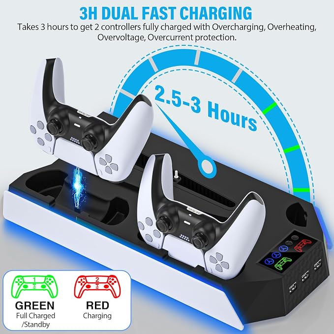 PS5 / PS5 Slim Cooling Station Stand LED with Dual Controller Charging Station for PlayStation 5 Console, PS 5 Accessories Incl. Controller Charger, Cooling Fan, Headset Holder, 3 USB Hub-White&Black - Image 4