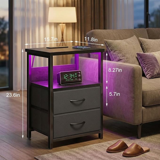 Fixwal Night Stand with Charging Station, Black Led Nightstand, 2 Drawers - Image 3