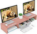 WESTREE Dual 3 Shelf Computer Riser with Drawer, Adjustable Length and Angle, Desktop 2 Monitor Stand Storage Organizer by WESTREE