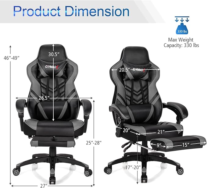 GYMAX Gaming Chair, Ergonomic Computer Chair with Footrest, Linkage Armrests & Lumbar Cushion, Big Wide High Back Video Gaming Chair, Reclining Office Rolling Chair for Adult/Teens (Gray) - Image 3