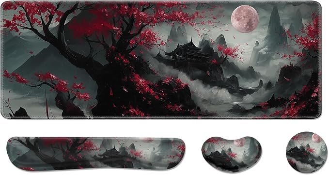 Desk Pad and Keyboard Wrist Rest,Janpense Large Mouse Pad + Keyboard Pad+Mouse Wrist Support, Non-Slip Desk Mat Protector for Office, Home 31.5×11.8 Inches Cherry Blossom by AFUZLE