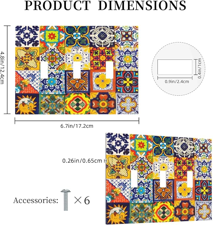 Decorative Light Switch Cover Plate Vintage Traditional Colorful Mexican Talavera Tiles Style 3 Gang Wall Plate Triple Toggle Switch Plate Covers 3 Hole Electrical Switchplate Dimmer Faceplate - Image 5