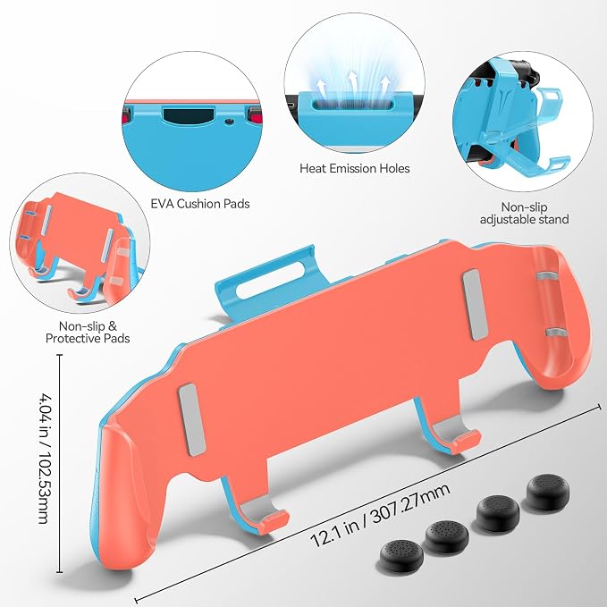 OIVO Grip Compatible with Nintendo Switch 2, Switch 2 Ergonomic Grip Case with Adjustable Stand, Comfort Game Accessories with 5 Game Card Slots and 4 Thumb Caps, Orange Blue - Image 6
