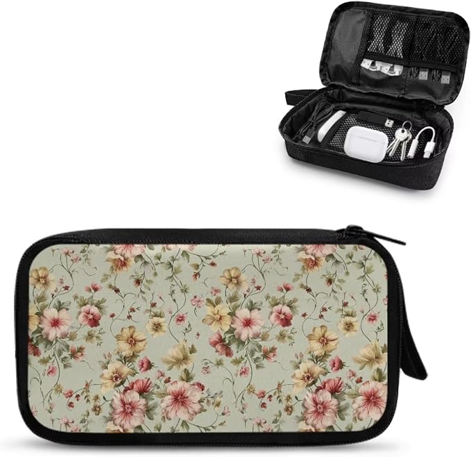 Vintage Flower Print Cable Organizer Bag, Waterproof Travel Electronic Storage, Shockproof Portable Tech Bag Carrying Case for Cord, Earbuds, Charger, SD Card, Tech Gifts by Unknown