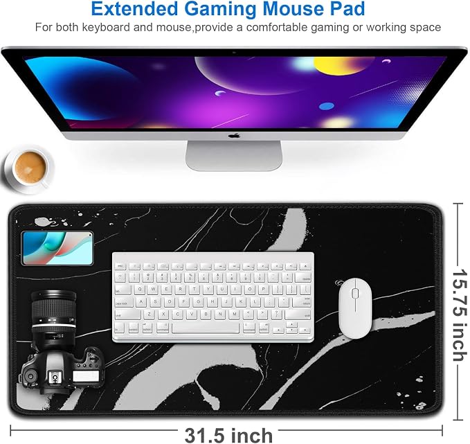Large Mouse Pad, 31.5x15.7 inch Large Extended Computer Keyboard Mouse Mat, Water Resist Non-Slip Mousepad Rubber Base Long XXL Desk Mouse Pad for Work & Gaming, Office & Home, Black White - Image 2