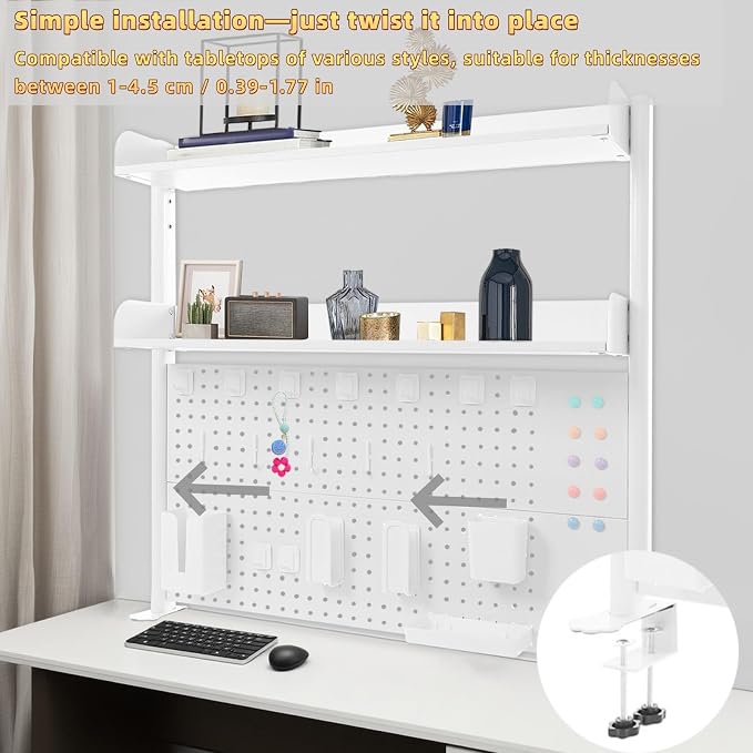 Clamp on Desk Pegboard, 39.4" W x 37.4" H Desk Extender Pegboard Bookshelf Computer Desk Accessories with Shelf for Tool Organizer Office, Privacy Panel for Gaming Desk, White - Image 6