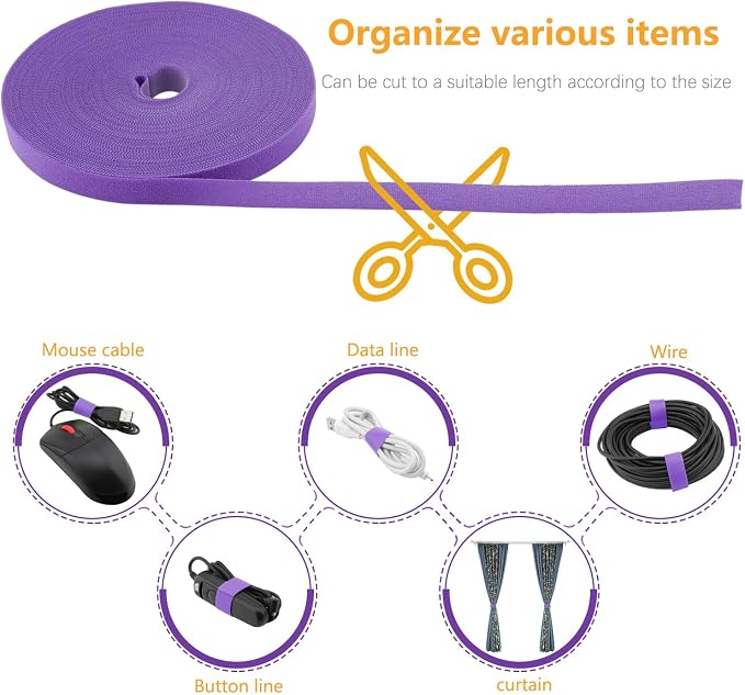 Reusable Fastening Tape Cable Ties 3/4 Inch Double Side Hook Roll (25 Yard, Purple) - Image 3