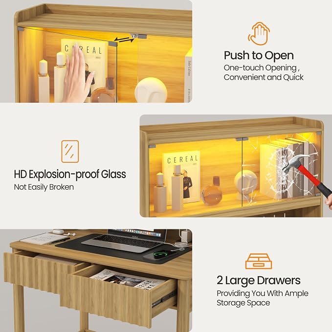 Lvifur 31.5" LEDStudy Desk with Hutch,Outlets,Reading Lights | Computer Desk with Charging Station,2 Drawer,Compact Writing Desks,Home Office Desks for Bedroom,Natural - Image 6