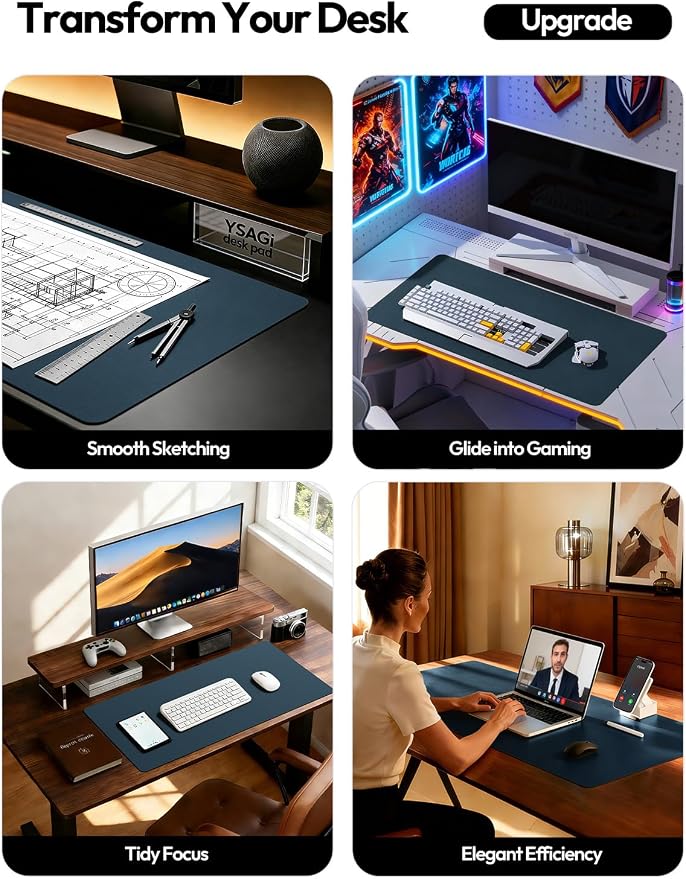 YSAGi Leather Desk Protector, Office Mat, Large Mouse Mat, Non-Slip PU Leather Blotter, Laptop Pad, Waterproof Writing Pad for Office and Home (Dark Blue, 31.5" x 15.8") - Image 2