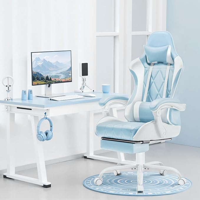 Homall Gaming Chair, Computer Chair with Footrest and Massage Lumbar Support, Ergonomic High Back Video Game Chair with Swivel Seat and Headrest (Light Blue) - Image 2