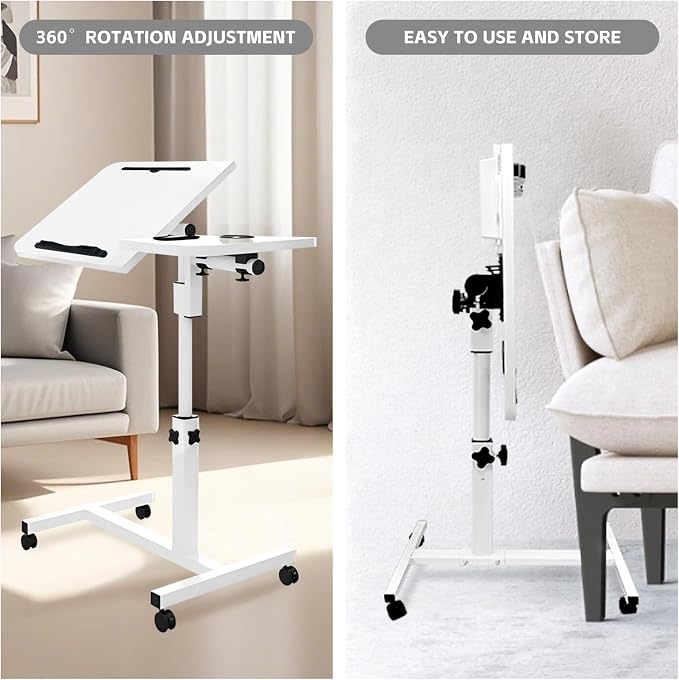 Overbed Table with Wheels Adjustable Height, Tiltable Desktop with Tray, Over Bed Table Rolling Bedside Tables, Medical Mobile Standing Desk, for Hospital Office Bedroom Sofa, White - Image 5