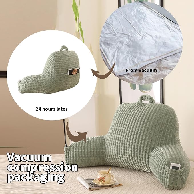 Reading Pillow with Arms for Sitting in Bed,Backrest,Green Flannel,M | 17" Backrest Supports Back for College Students,Elbows & Forearms for Dorm Reading,Gaming,Watching TV - Image 4