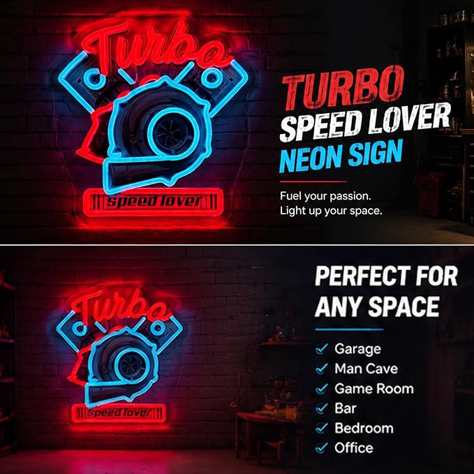 Turbo Neon Sign Led Light Up Sign For Speed Lover Pop Art With UV Printed background Room Wall Decor Man Gaming Room, Kids Room, Bar Decoration, Birthday Party Gifts - Image 2
