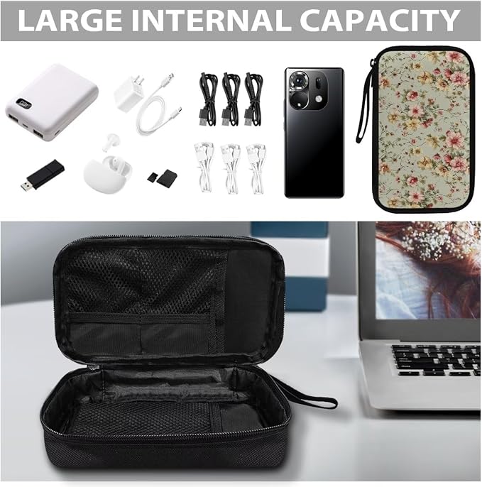 Vintage Flower Print Cable Organizer Bag, Waterproof Travel Electronic Storage, Shockproof Portable Tech Bag Carrying Case for Cord, Earbuds, Charger, SD Card, Tech Gifts - Image 7