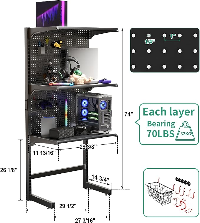 JWX DDB Freestanding Pegboard Shelf, 210 lb Capacity, 30 x 74 Inch, Black | Powder-coated metal with 3 adjustable shelves, 70 lb each, and 15 accessories for gaming setups, home offices and garages - Image 2