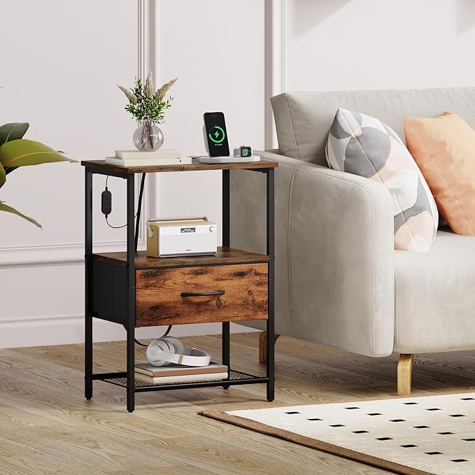 Somdot Nightstand Set of 2 with Charging Station & LED Light, Bedside Table - Image 2