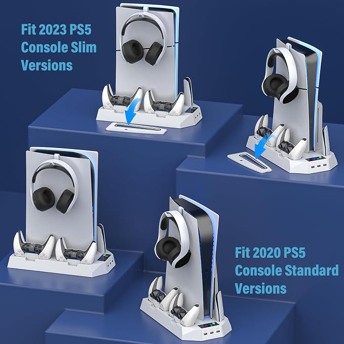 PS5 Slim Stand and Cooling Station with Controller Charging Station for Playsation 5 Slim&Standard Disc/Digital Console, PS5 Accessories Incl. Controller Charger/Turbo Fan/3 USB Hub/Headset Holder - Image 2
