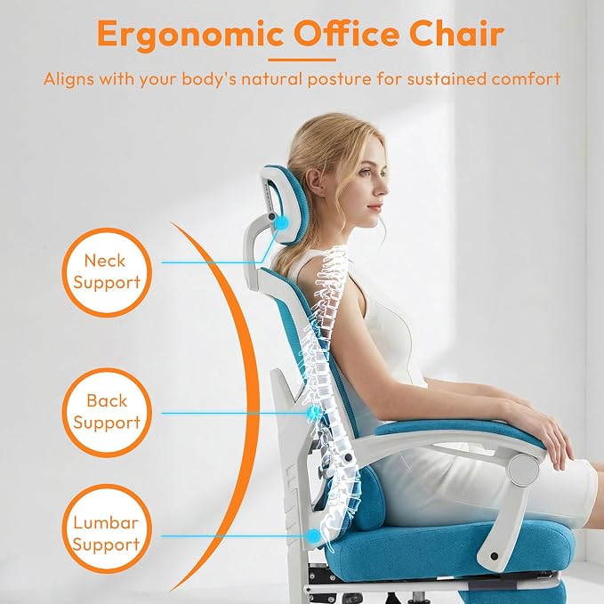 Ergonomic Desk Chair, High Back Office Chair with Wheels, Elegant Blue | Computer Chair with Footrest, Swivel Reclining Gaming Chair with Headrest, Comfy Armrest for Home, Office, Work, Study - Image 8
