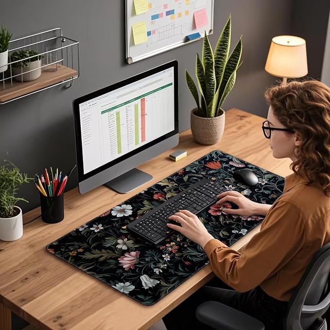 Dark Floral Pattern Large Gaming Mouse Pad Desk Mat 31.5"x15.7" | Extended Mousepad, Non-Slip Rubber Base , Stitched Edges, for Computer/Laptop/Office/Home - Image 3