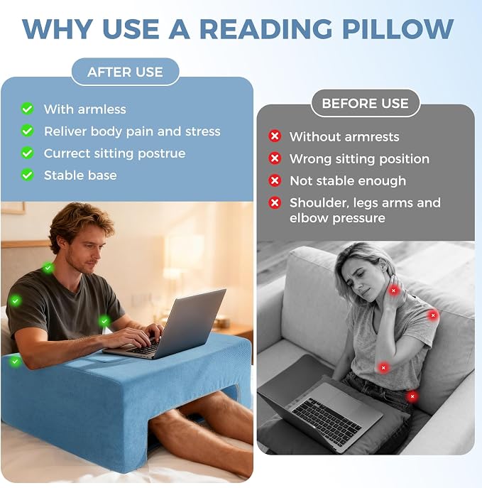Reading Pillow for Gaming Lap Desk Pillow for Laptop with Pocket Foldable Memory Foam Bed Desk for Reading Working Crocheting Gaming Arm Rest on Bed/Sofa/Floor/Couch/Car (Blue Foldable) - Image 5