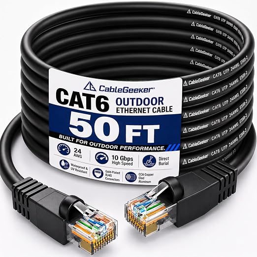 CableGeeker Cat 6 Outdoor Ethernet Cable, 50 ft, Direct Burial, Black by CableGeeker
