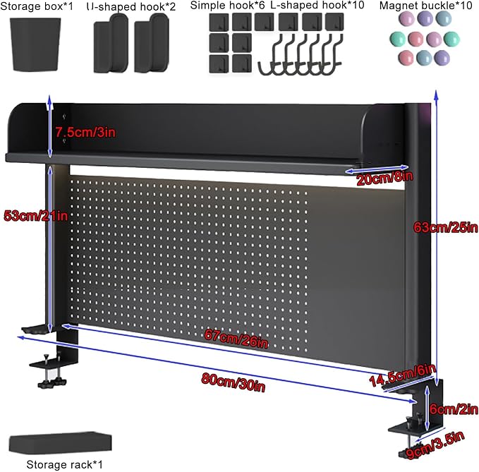 Clamp on Desk Shelf, Desk Shelf, Gaming Desk Accessories, Steel Pegboard for Desk, Adjustable Desk Extender Side Table, Modern Desktop Display Shelf(80x20x63cm/30x8x25in) - Image 2
