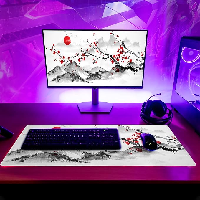 Japanese Cherry Blossom Gaming Mouse Pad 27.6x11.8 Inch Pink Full Desk Sakura Large Non-Slip Rubber Base Waterproof Big Keyboard Mat With Stitched Edges for Office - Image 3
