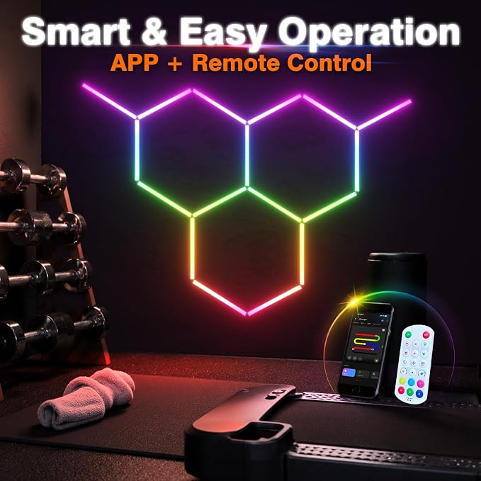 RGB Hexagon Lights 3 Grids, Hexagon Garage Lights with Music Sync Mode, App & Remote Control Honeycomb Lights for Gym Studio Basement Shop Exhibition - Image 5