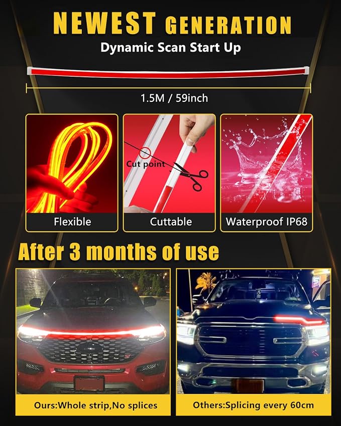 YM E-Bright LED Hood Light Strip, 59in Red Dynamic Scan DRL 12V 1Set - Image 2