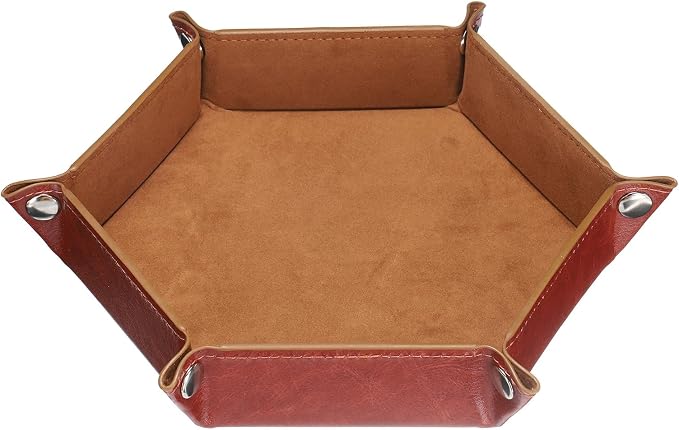 HARFINGTON PU Leather Dice Tray Unisex Valet Tray Folding Hexagon Tray Portable Entryway Table Nightstand Bedside Desk Holder for Key Wallet Watch Coin Jewelry, Brown by HARFINGTON