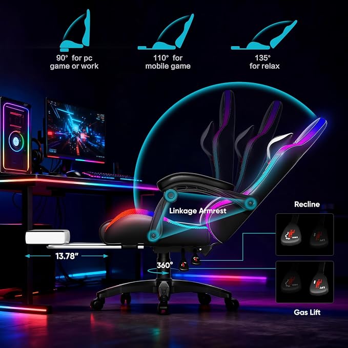 Czlolo Gaming Chair, Racing Style RGB LED Lights Gaming Chairs for Adults and Kids, Lumbar Massager Gamer Chair, High Back Reclining Computer Chair with Footrest and Headrest (Black/White) - Image 6