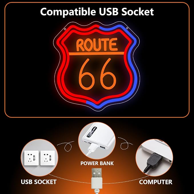 Route 66 Neon Sign, Route 66 Led Neon Light Signs Light up Sign for Wall Decor Home Bedroom Bar Man Cave Party Decorations Birthday Gift Dimmable USB Powered(12.6" × 12.1") - Image 5