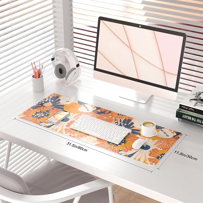 QiyI PU Leather Large Mouse Pad, Office Decor, 31.5" x 11.8", Orange Flower | Desk Décor Accessories, Extended Size, Waterproof & Easy to Clean, Smooth Surface, Non Slip Desk Organization - Image 2