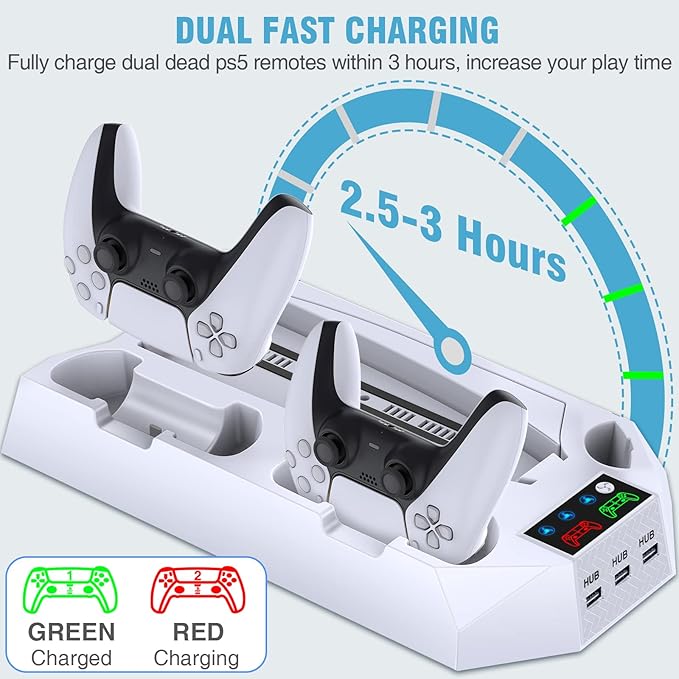 PS5/PS5 Slim/PS5 Pro Stand and Cooling Station with Dual Controller Charging Station for PlayStation 5 Console, PS5 Accessories Incl. Controller Charger, Cooling Fan, Headset Holder, 3 USB Hub, White - Image 4