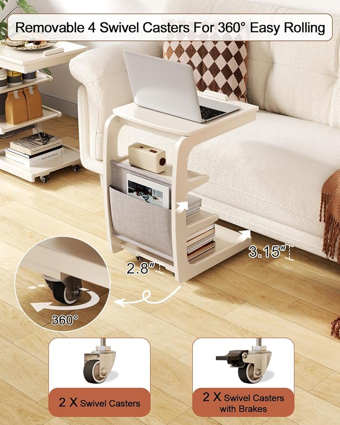 AQIMUELE Wooden C-Shaped End Table,Couch Desk with 2 Lockable Wheels,4-Tier Couch Table with Storage Bag,Small Rolling Side Table Tv Trays for Couch, Living Room,Bedroom (White) - Image 3