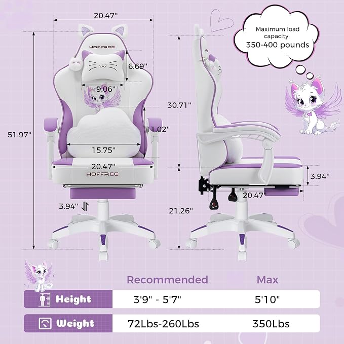 Gaming Chair for Girls Cute Massage Computer Chair with Cat Ears-Purple | Cute Computer Office Chair Ergonomic Reclining Gamer Chair with Footrest Lumbar Support PC Game Chairs for Women Adults - Image 2