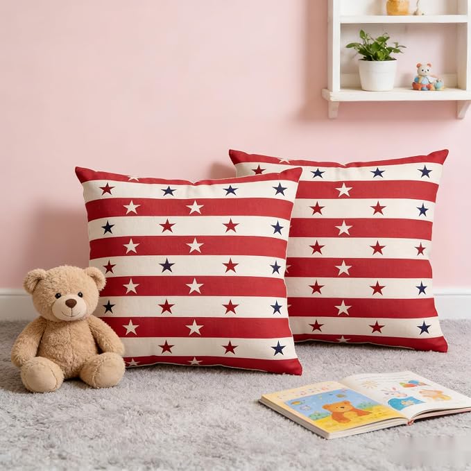 Patriotic Throw Pillow Covers, Stars and Stripes, Red White and Blue, Linen, 18x18 Inch, Set of 2, Zipper Closure，July 4th Independence Day Pillowcase Series - Image 5