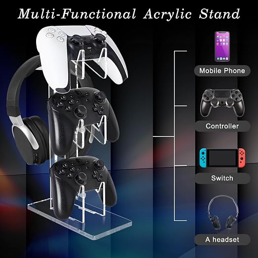 FYY Game Controller Holder 3 Tiers - Universal Dual Stand and Headphone Holder, Acrylic Clear Display Compatible With Nintendo Switch, Xbox, PS5, PS4 - Desk Mounts for Controllers - Image 6