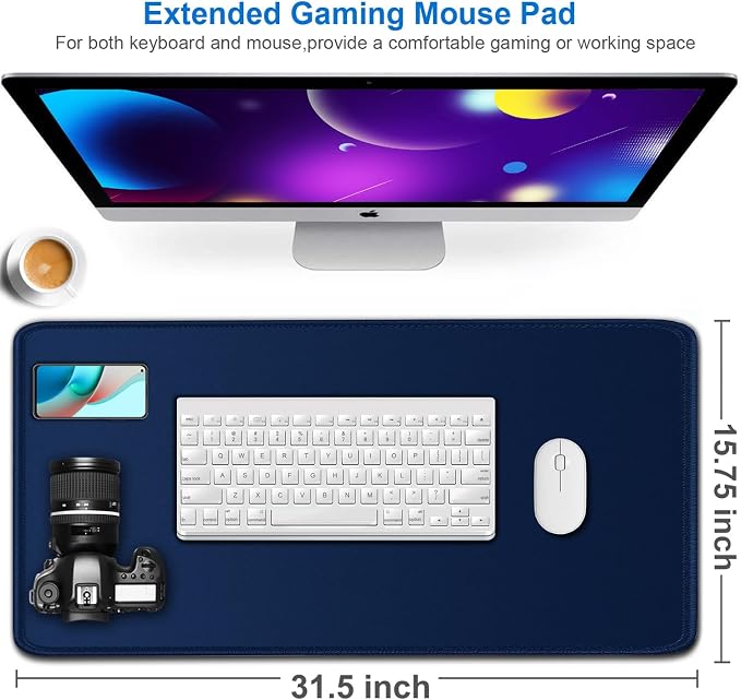Large Mouse Pad, 31.5x15.7 inch Large Extended Computer Keyboard Mouse Mat, Water Resist Non-Slip Mousepad Rubber Base Long XXL Desk Mouse Pad for Work & Gaming, Office & Home, Dark Blue - Image 2