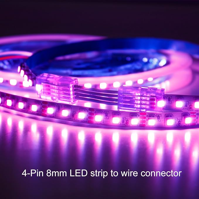 RGBZONE 10Pcs 8mm 4 Pin LED Strip Connectors and 32.8ft 4 Pin RGB Extension Cable Strip to Wire Quick Connection for Waterproof or Non-Waterproof 8mm Wide SMD RGB 5050 LED Strip Lights(IP20/IP65) - Image 8