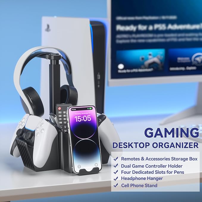 KDD Dual Controller Holder with Headphone Stand - Multi-Functional Desk Storage Box with Phone Holder - Universal Controller Stand with Desktop Organizer for Remote Control Pen Accessories(Black) - Image 2