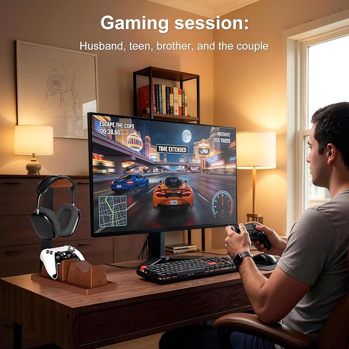 UPERGO Headphone and Headset Stand with Controller Holders for Gaming Desk | Solid Wood, Holds 2 Controllers, Storage Tray for Gaming Accessories, Compatible with PS5 and Xbox - Image 7