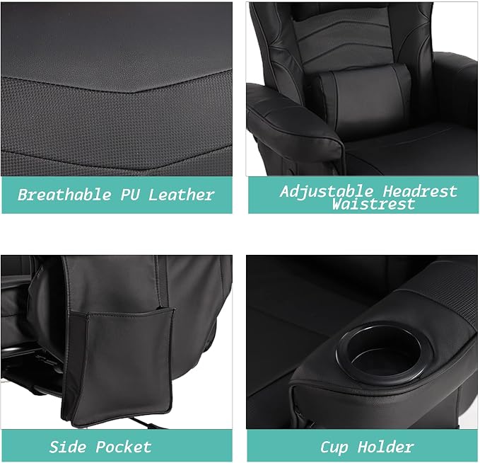 LVUYOYO Reclining Gaming Chair, Gaming Chair with Footrest and Massage, High Back PU Leather Gaming Recliner w/Adjustable Height, Swivel Game Chair with Lumbar Support, Cup Holder, Headrest - Image 6